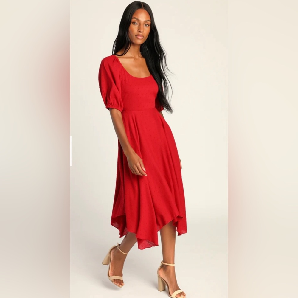 Completely Smitten Red Swiss Dot Lace-Up Puff Sleeve Midi Dress Lulus